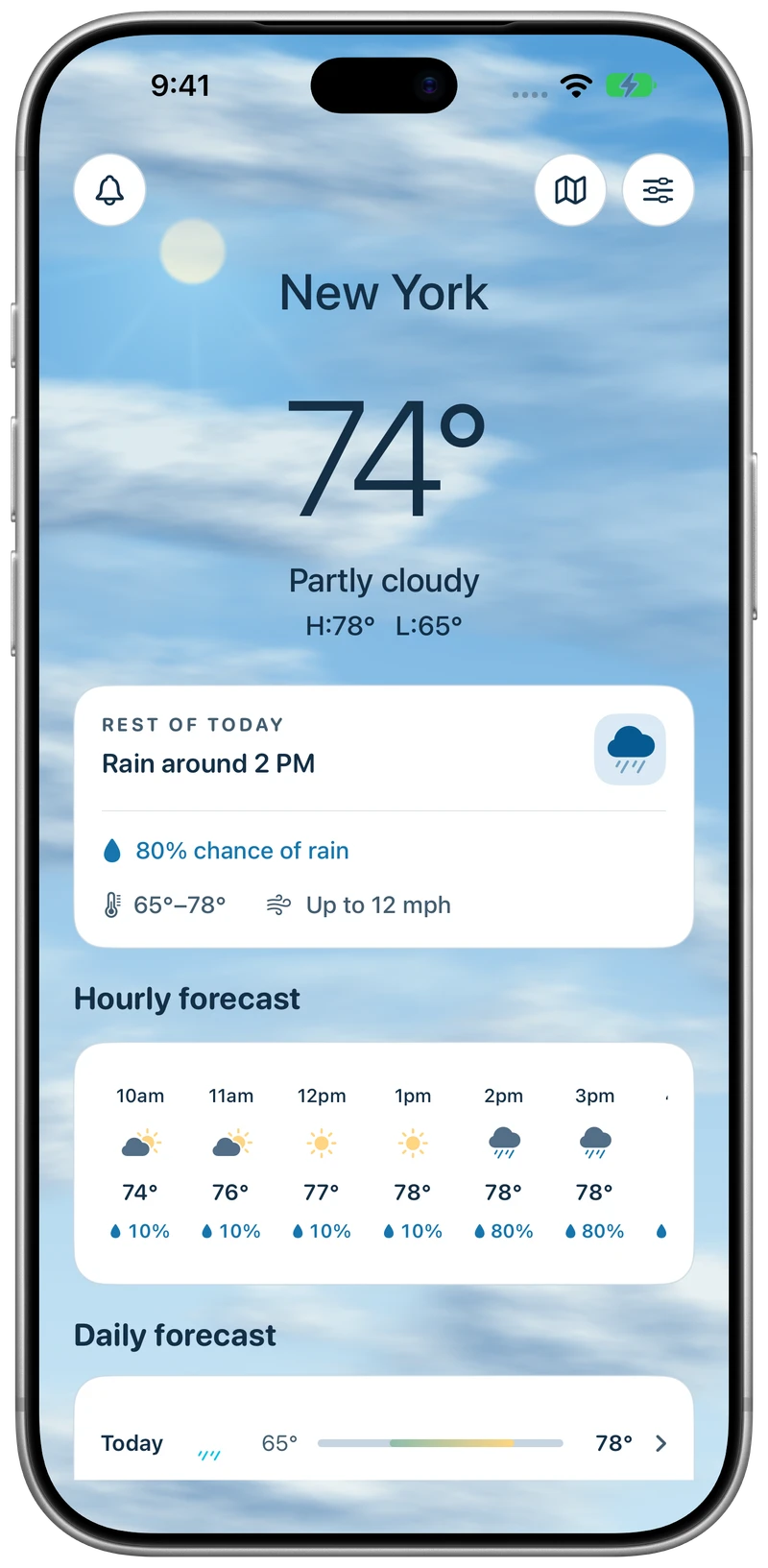 WeatherExt current conditions and daily outlook using New York weather