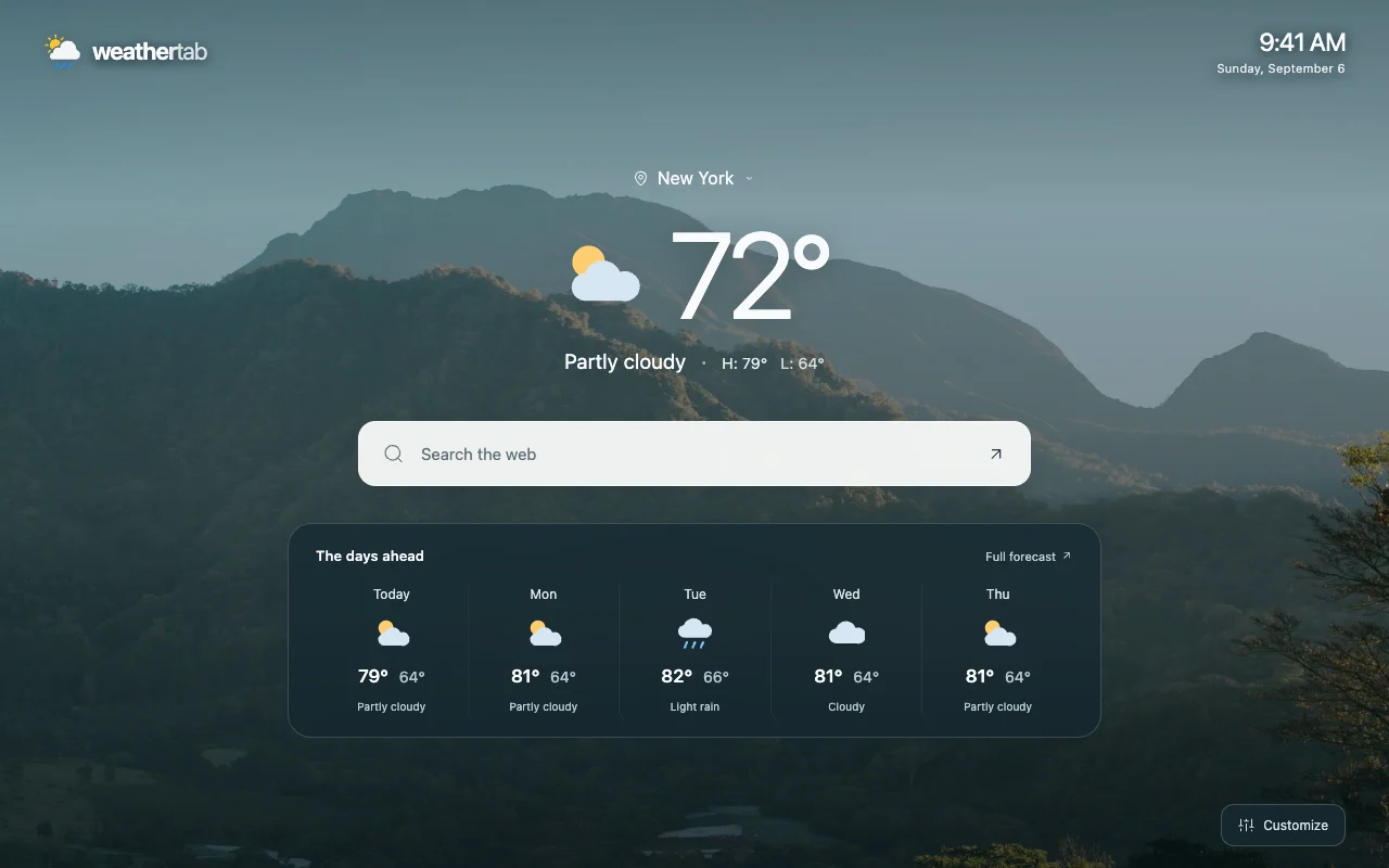 WeatherTab showing a daily forecast and Ask ChatGPT over sunlit mountains