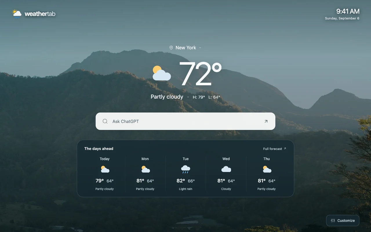 WeatherTab showing sample New York weather at 72 degrees, an Ask ChatGPT search field, and a five-day forecast over sunlit mountains