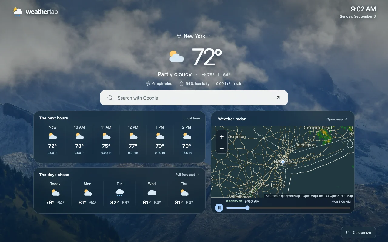 Expanded WeatherTab dashboard with six hourly forecasts, daily conditions, wind and humidity, and a radar map centered on the New York demo location