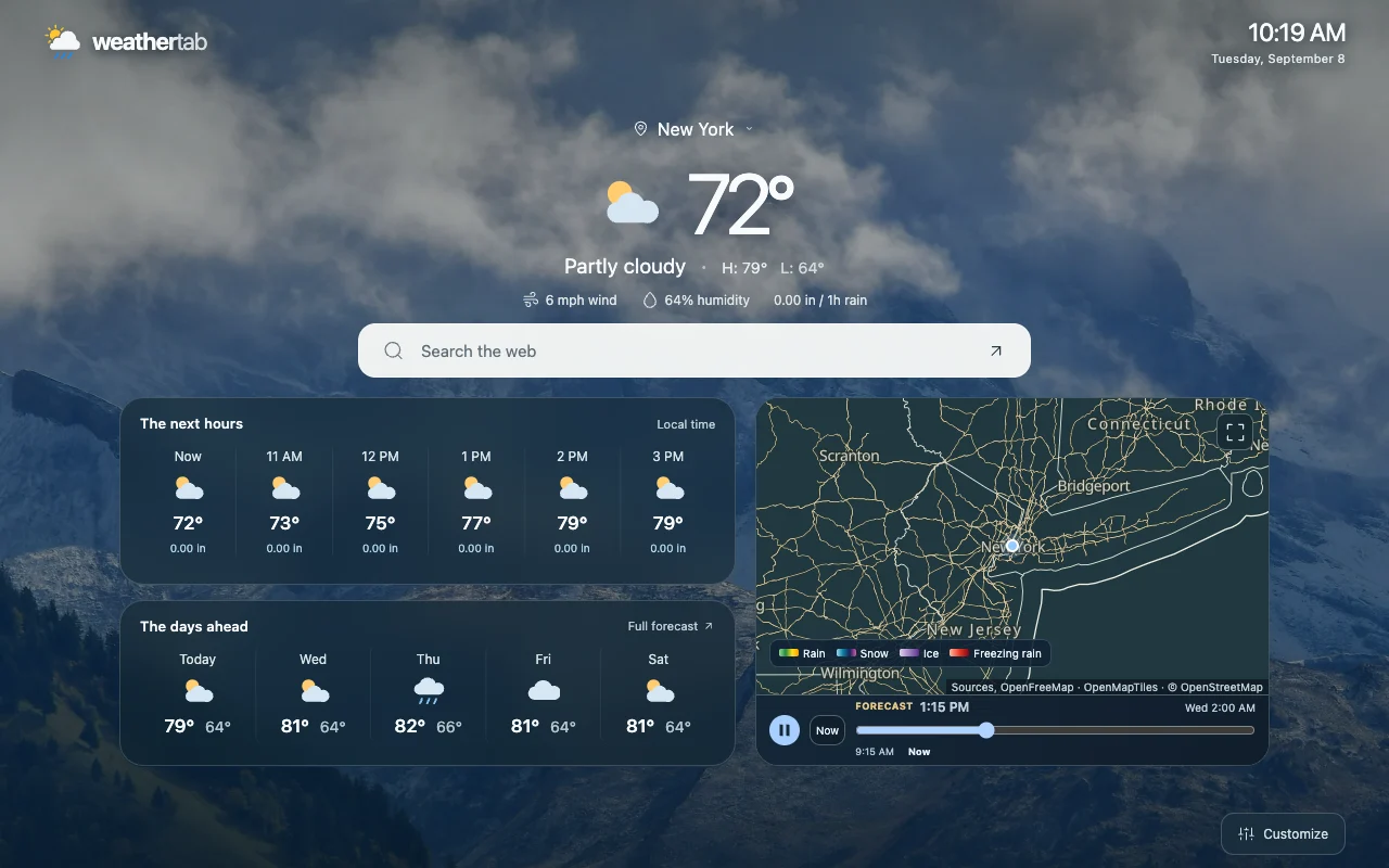 Expanded WeatherTab view with daily and hourly forecasts, weather details, and interactive radar