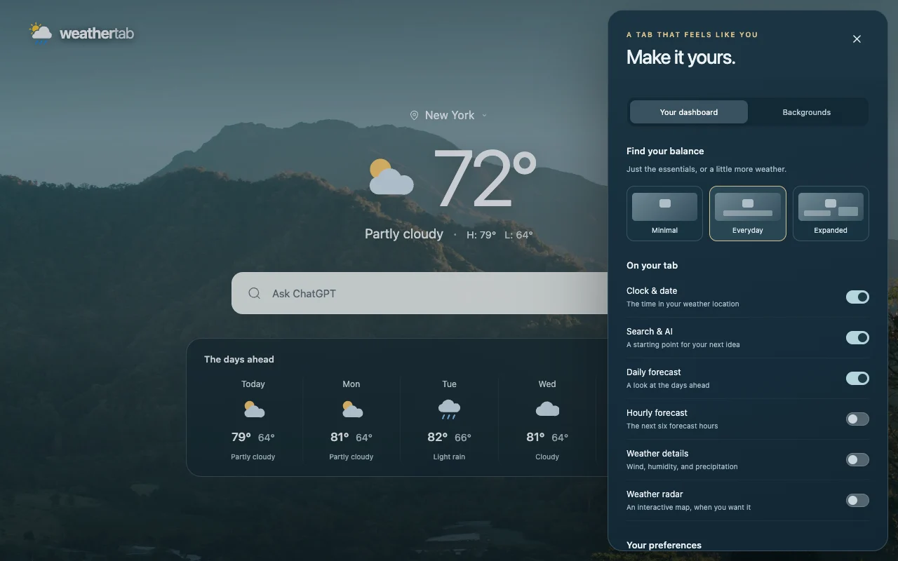 WeatherTab Customize panel with three layout presets and individual switches for clock, search, forecasts, details, and radar