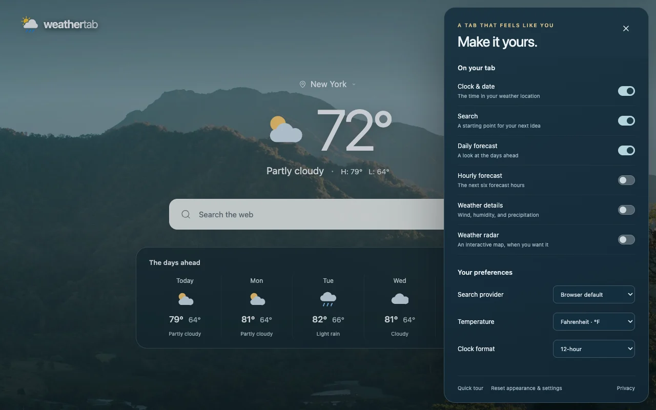 WeatherTab customization panel with dashboard switches, Browser default search, Fahrenheit, and a 12-hour clock over sample New York weather
