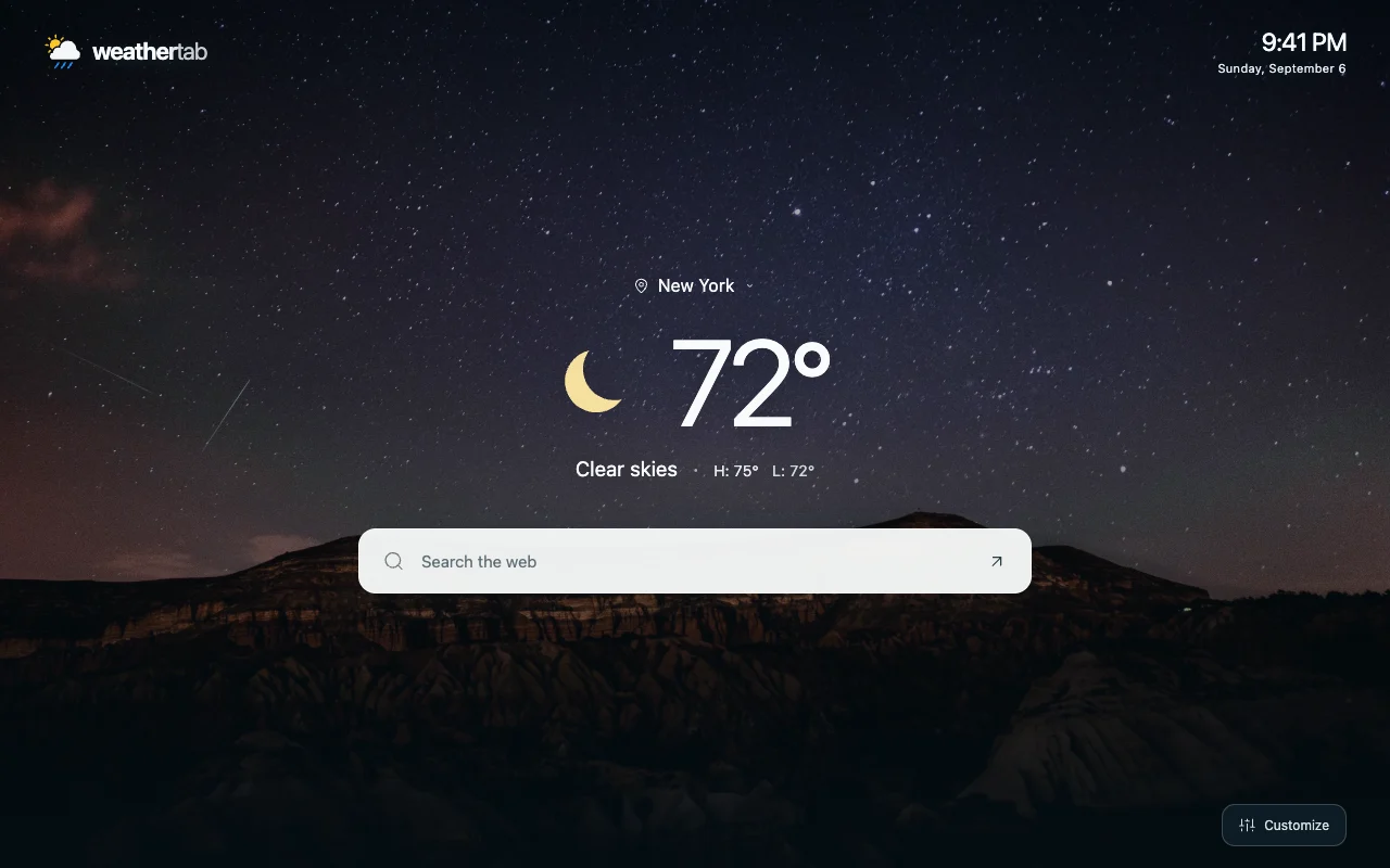 Minimal WeatherTab view with clear night weather and browser-default search over a starry mountain background