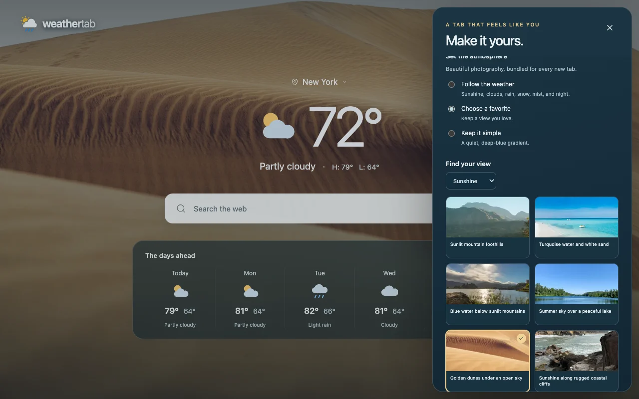 WeatherTab background picker showing six sunshine photos, a 36-photograph collection, and golden dunes selected