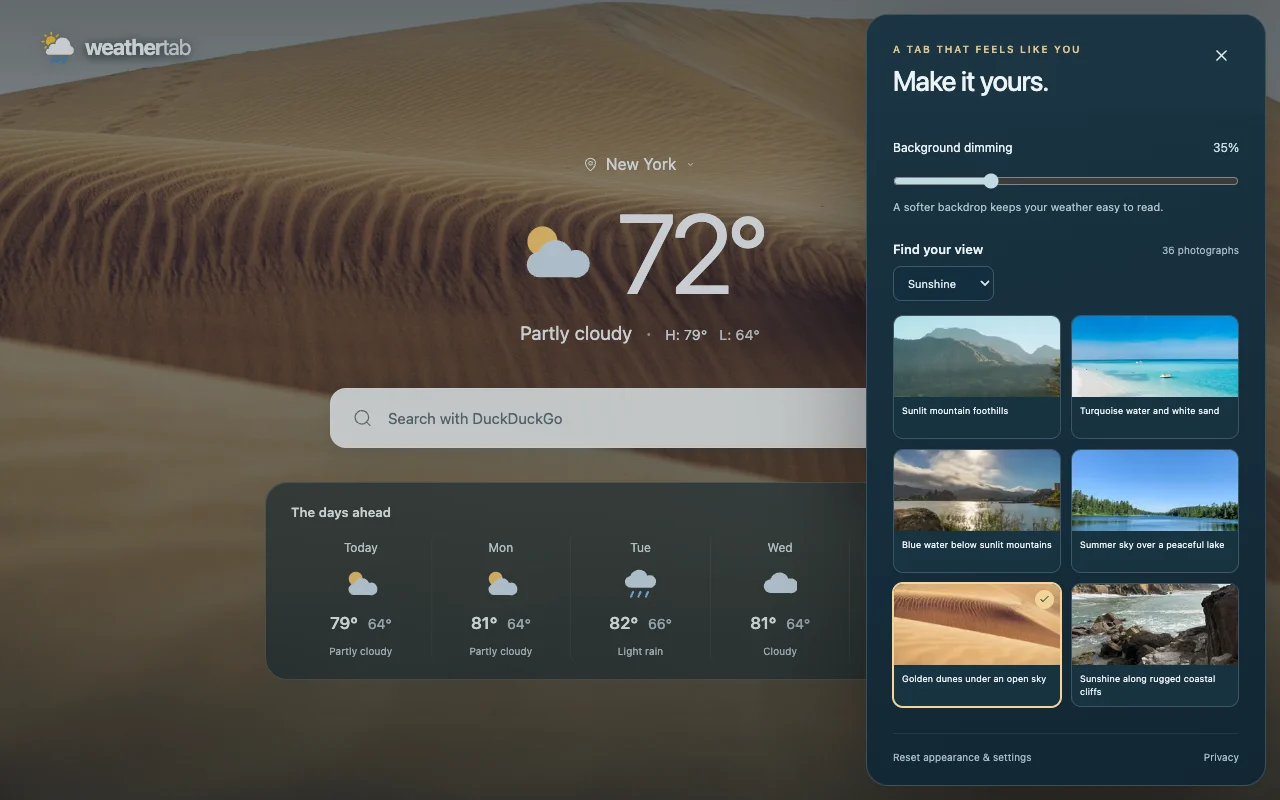 WeatherTab background gallery with six sunshine photographs, golden dunes selected, and the background dimming slider set to 35 percent