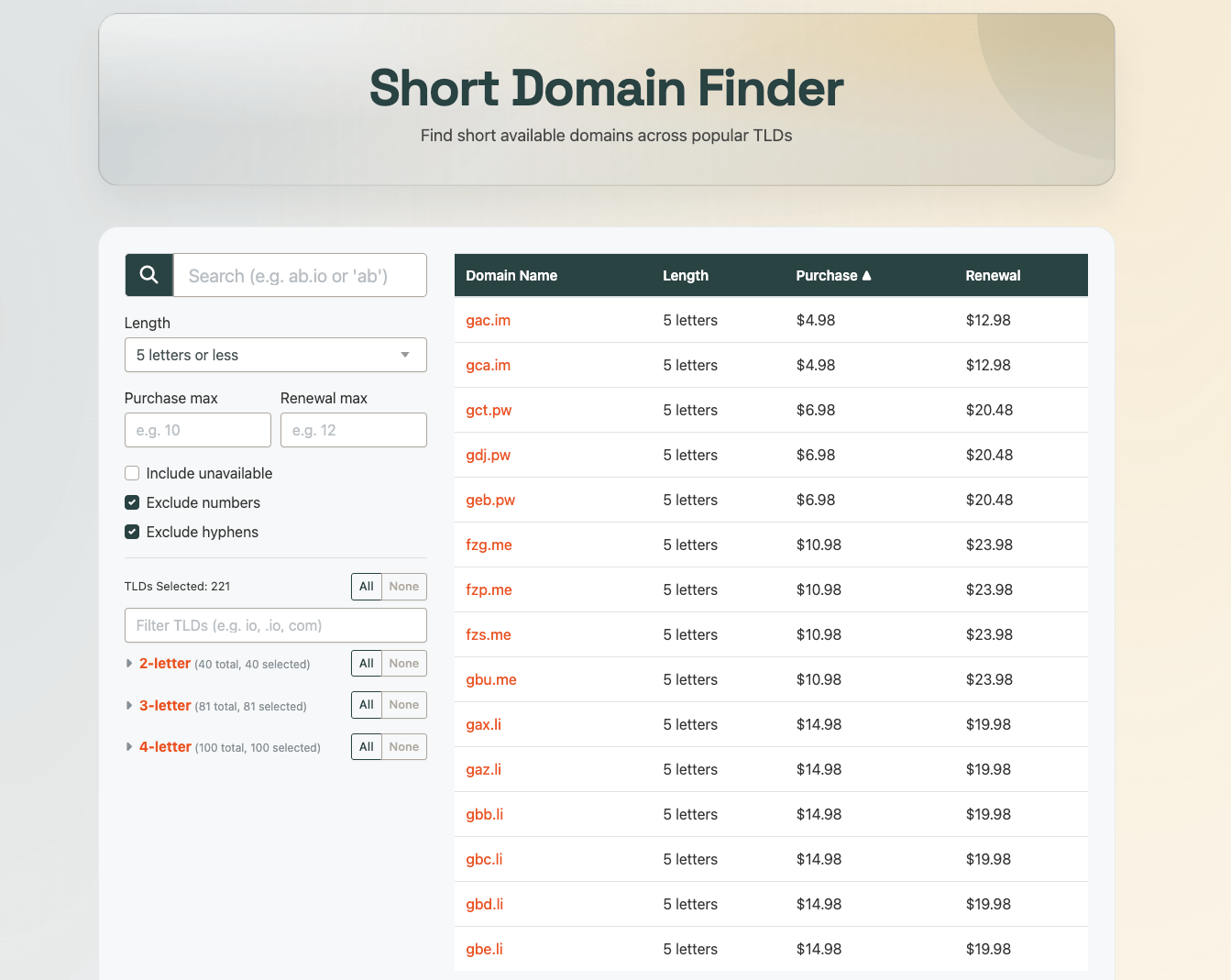 Short Domain Finder tool screenshot
