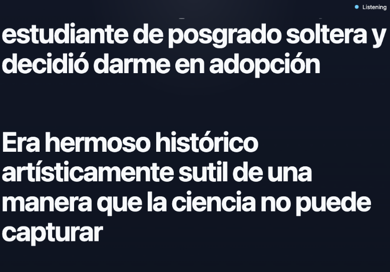 Live Speech Translator in large-screen mode showing translated Spanish captions in a clean fullscreen reading view.