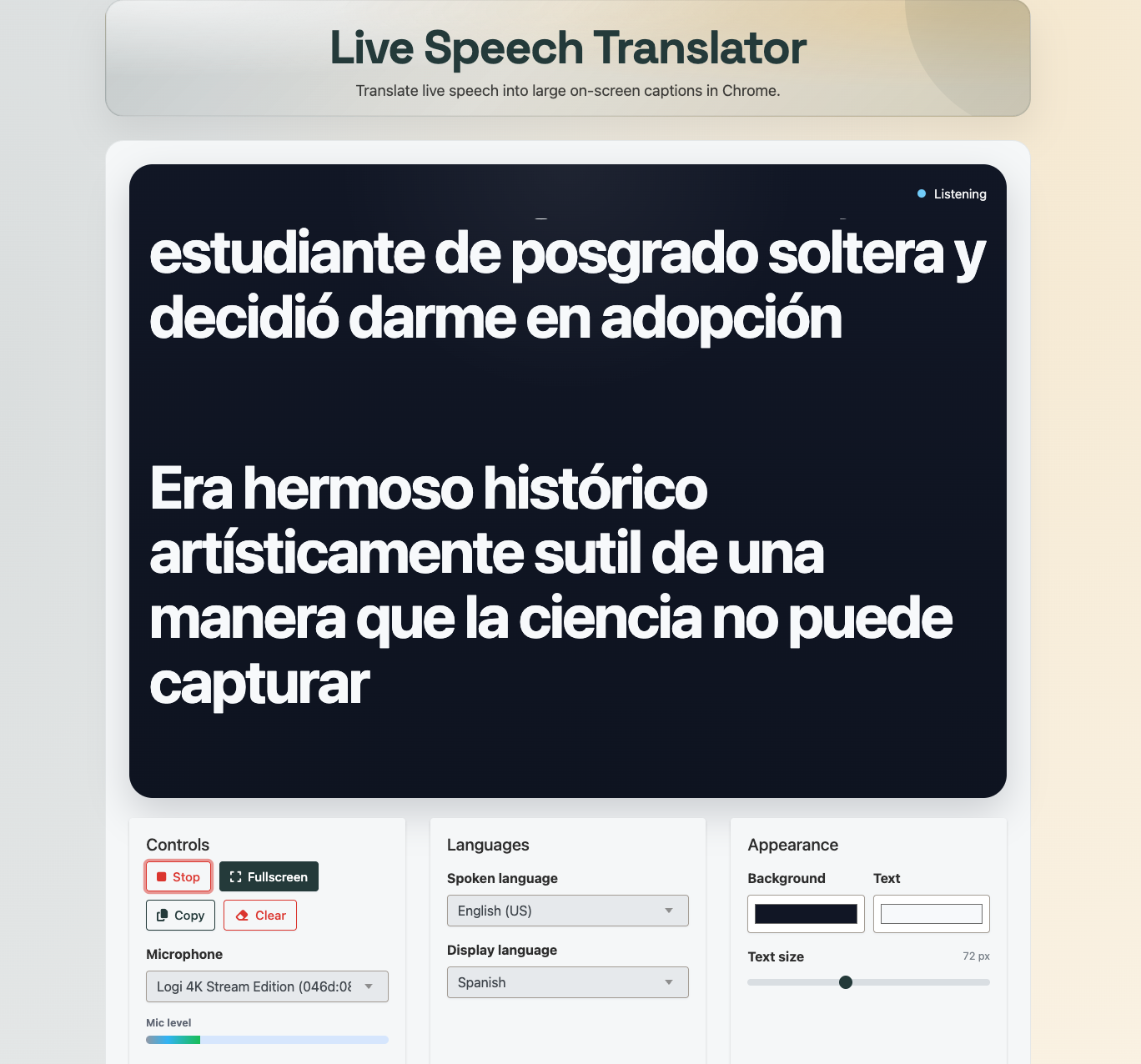 Live Speech Translator showing translated Spanish captions, active listening status, and the main controls.