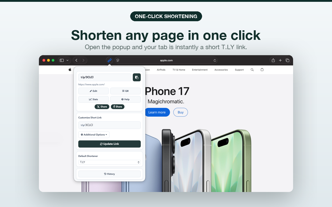 Link Shortener Safari extension popup shortening the current page