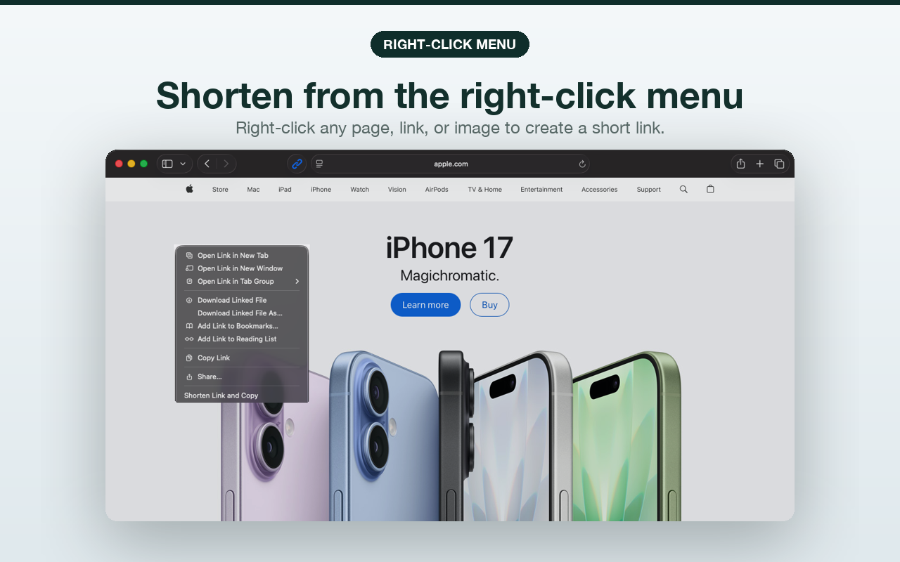 Link Shortener Safari right-click menu option