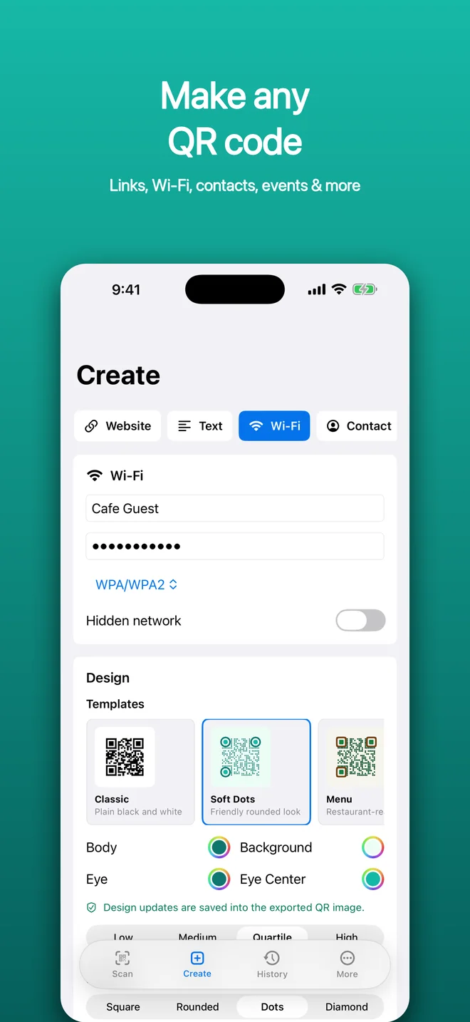 QR Code Scanner & Creator create screen with website and Wi-Fi QR options