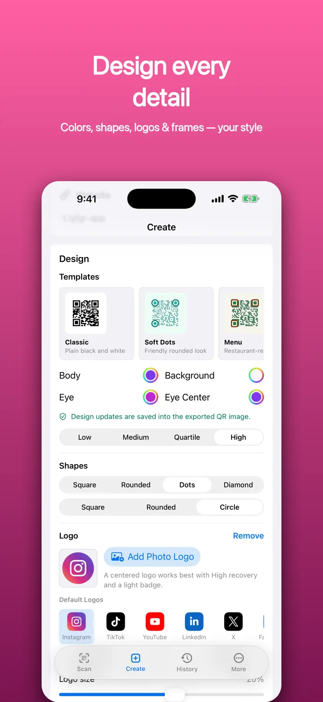 QR Code Scanner & Creator QR code color customization screen