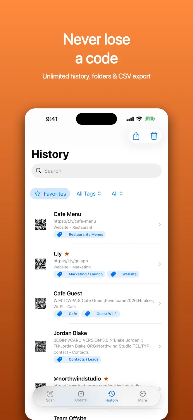 QR Code Scanner & Creator scan history with folders and CSV export