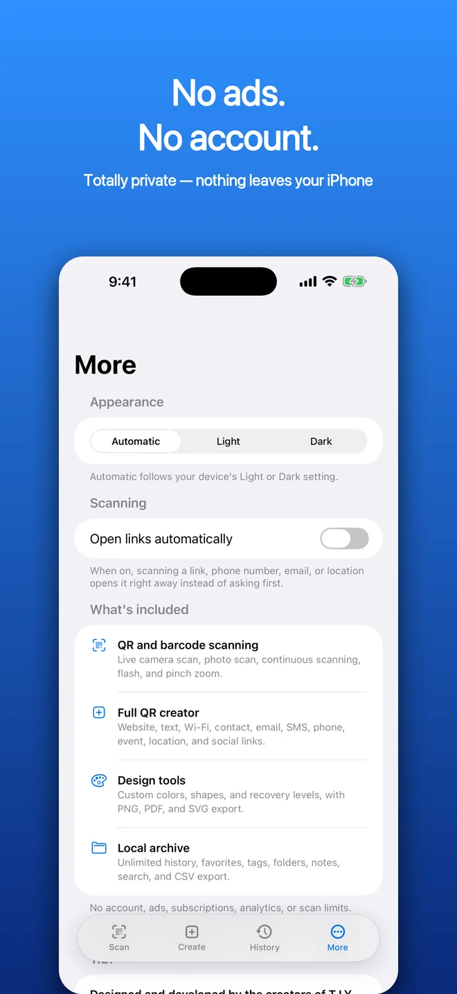 QR Code Scanner & Creator privacy screen showing no account, ads, subscriptions, analytics, or tracking