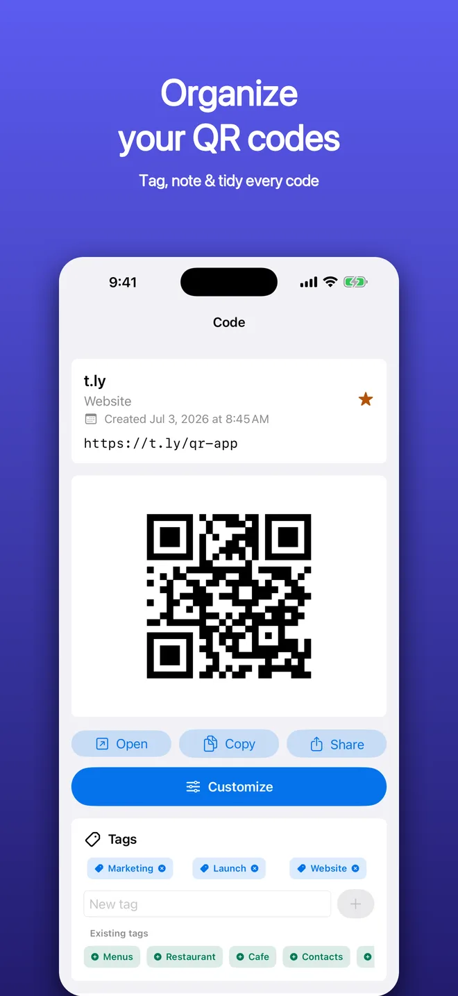 QR Code Scanner & Creator saved QR code organization screen with tags, notes, and favorites