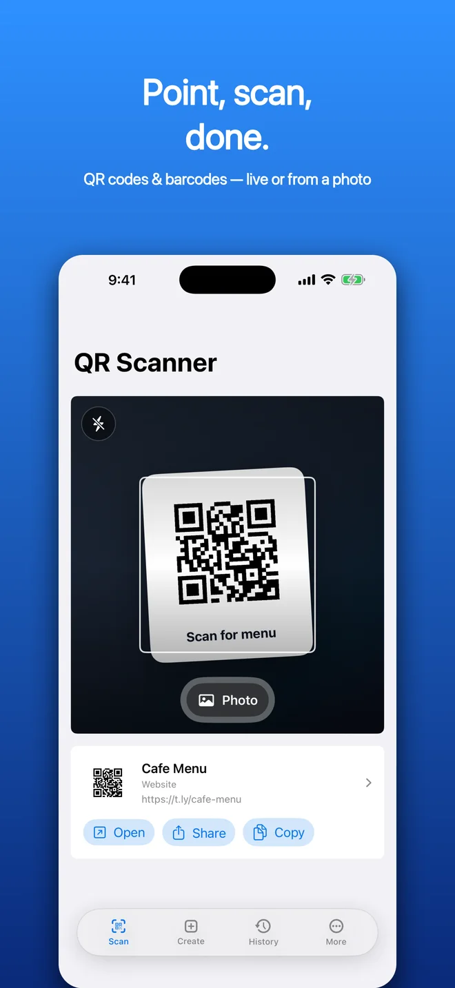 QR Code Scanner & Creator scanning a QR code from the camera