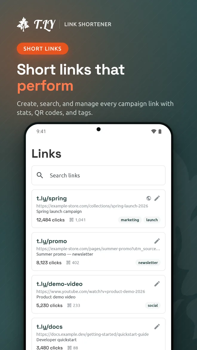 T.LY Android app short links screen with campaign links and tags