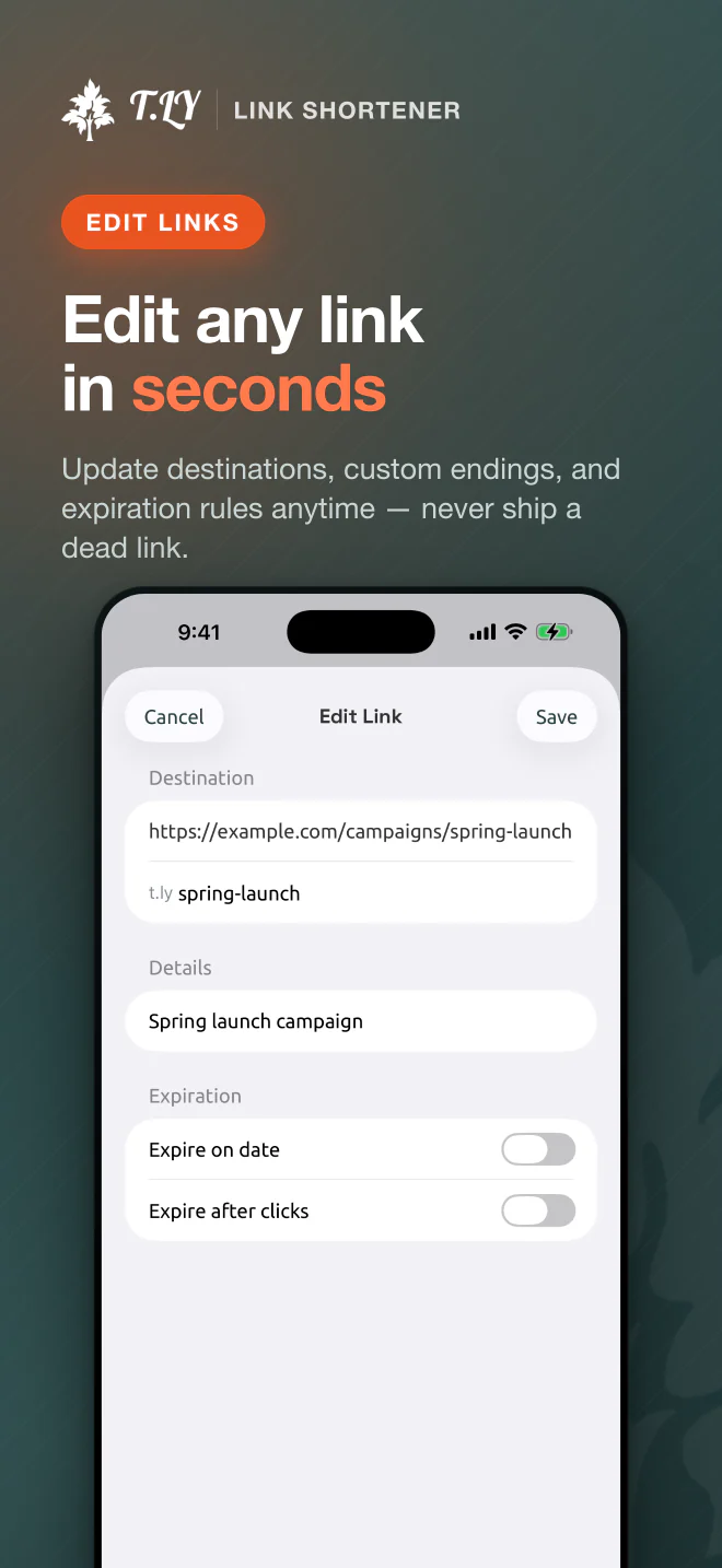 T.LY iOS app edit short link screen