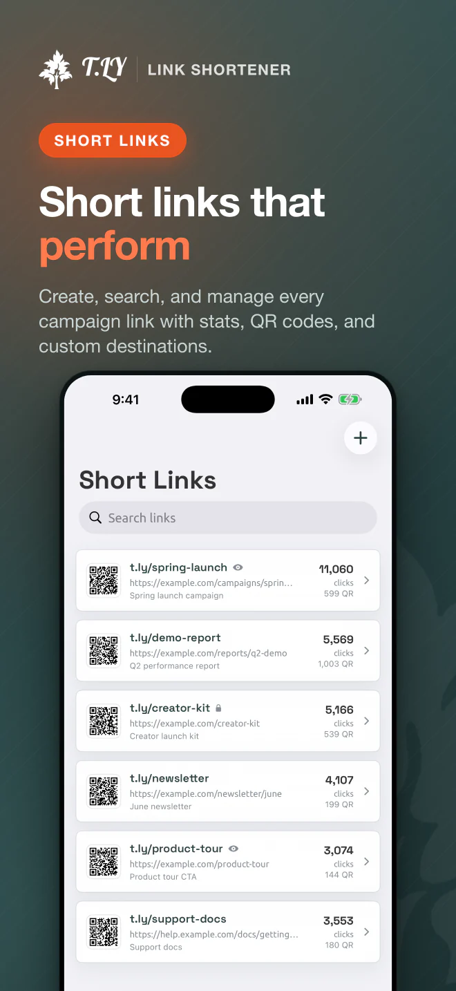 T.LY iOS app short links management screen