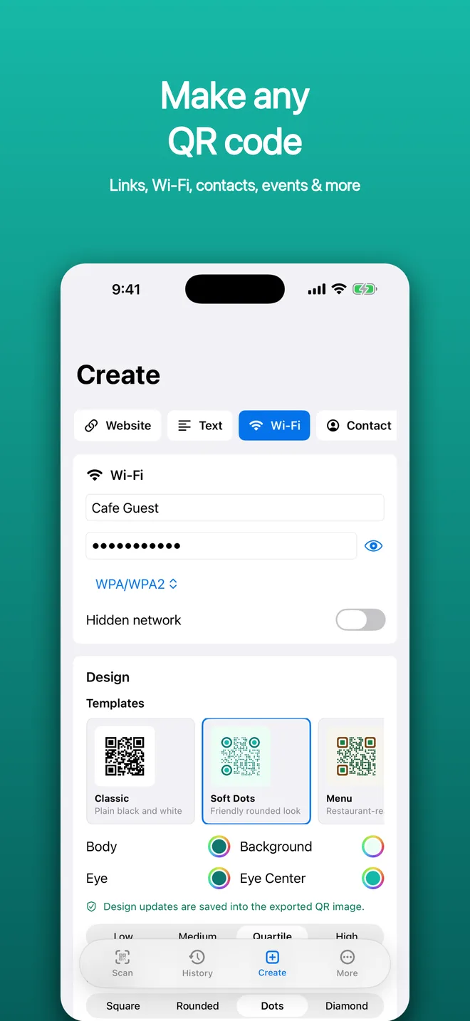QR Code app create screen for building Wi-Fi and other QR codes