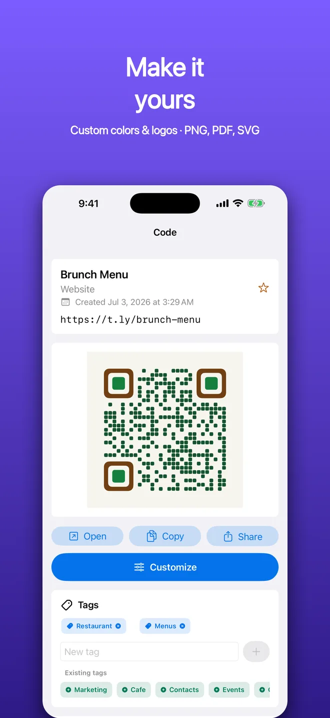 QR Code app detail screen with a customized QR code and sharing options