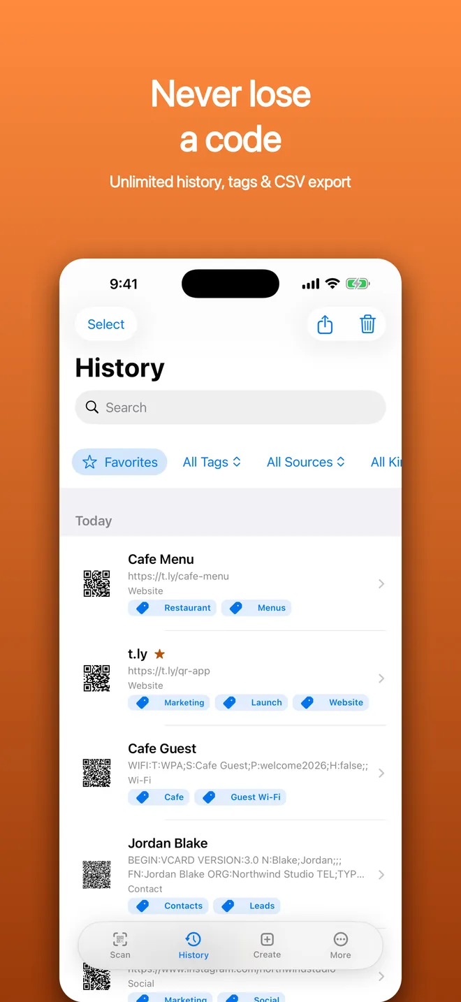 QR Code app history screen with saved QR codes and tags