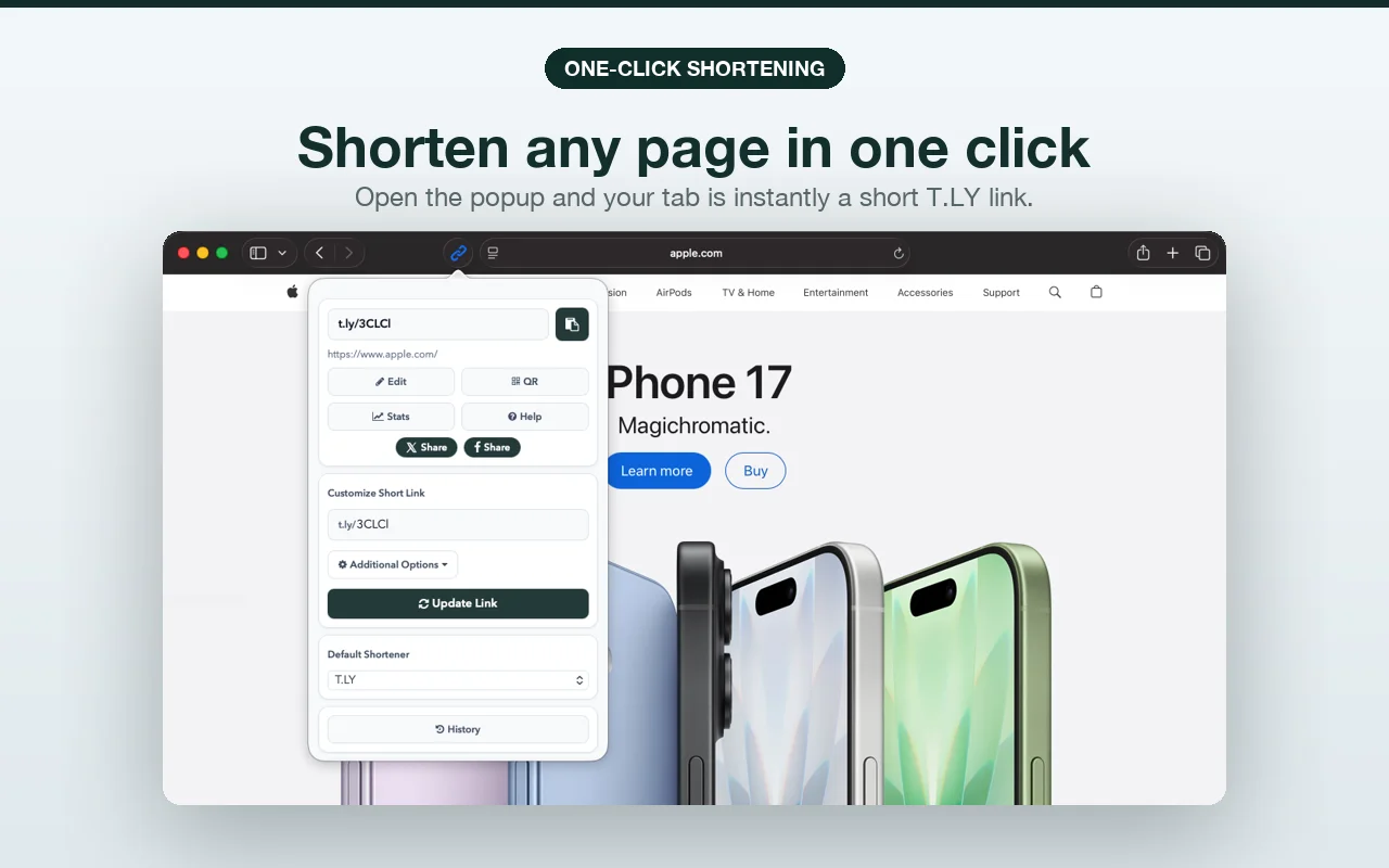 T.LY Link Shortener extension popup open in Safari shortening apple.com with one click