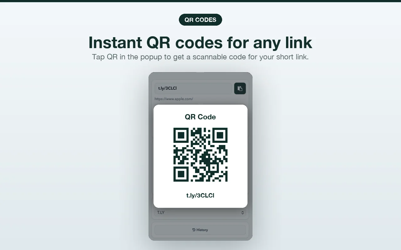 T.LY Safari extension showing an instant QR code generated for a short link