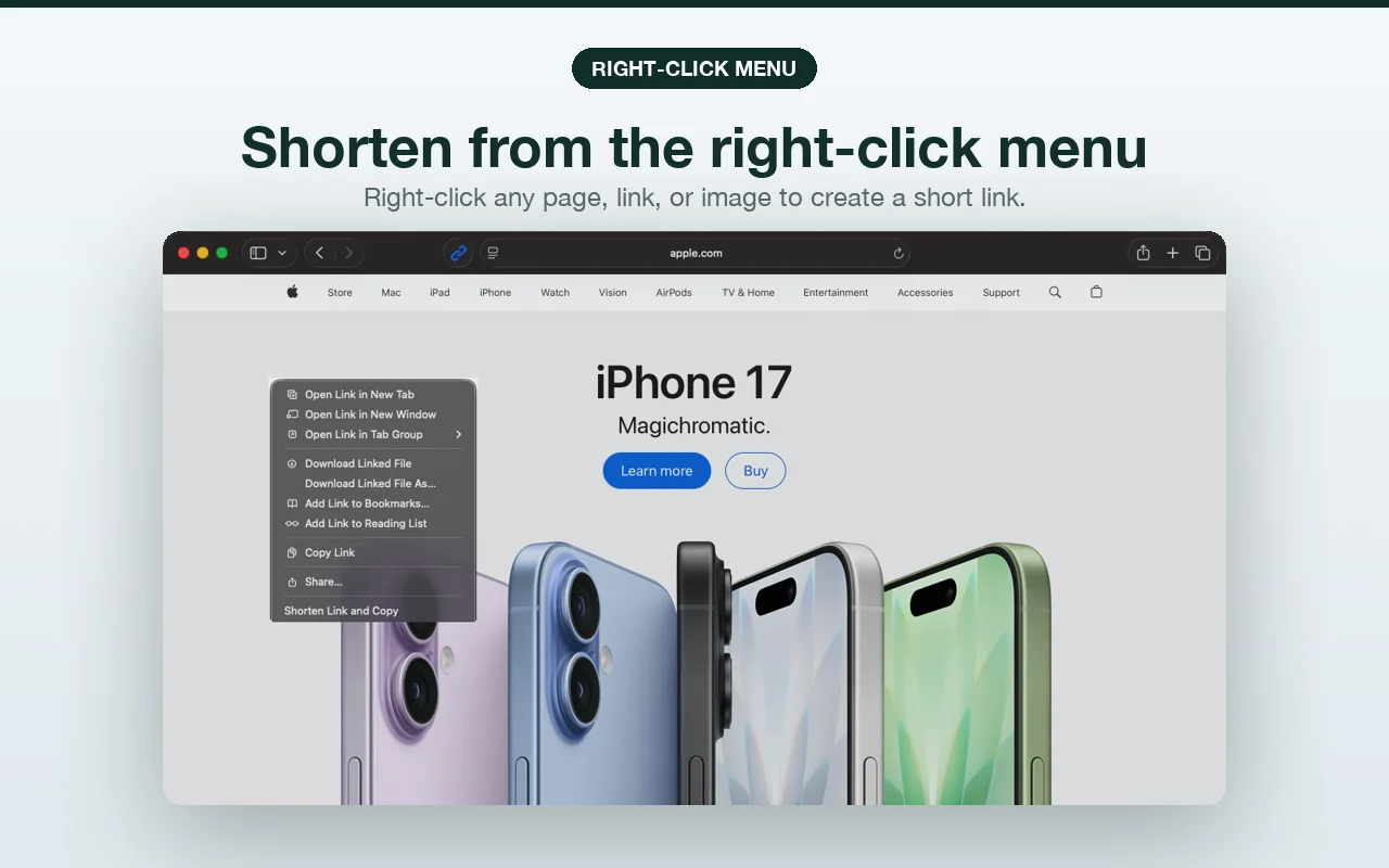 Safari right-click context menu with a Shorten Link and Copy option from the T.LY extension